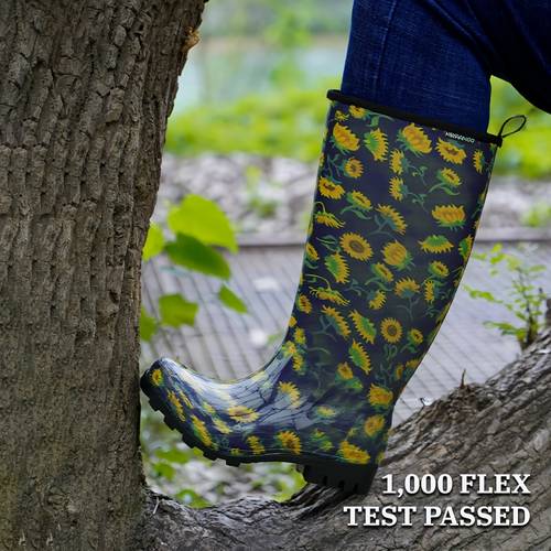 item picture womens pvc rain boots colorful floral pattern tall shaft black carry handle easy on off anti slip sole outdoor wear