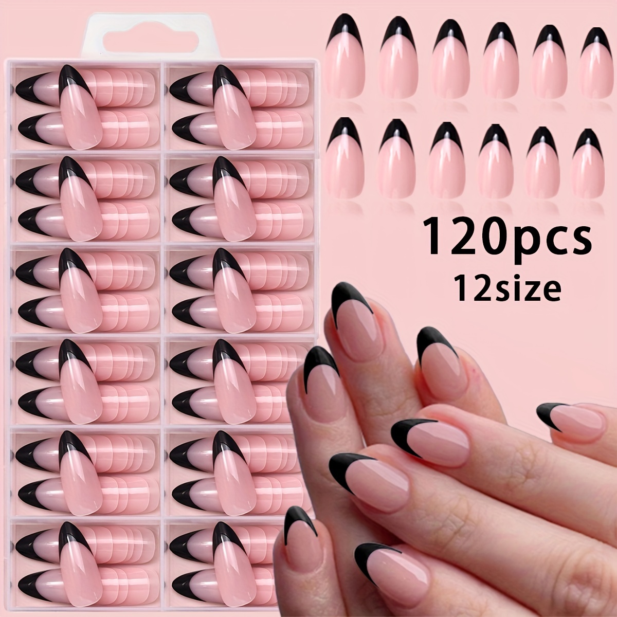 Image of 120 Short Almond-shaped Black French Tip Full Cover Fake Nail Set, Suitable For Nail Salons And Home, Includes 6pcs Of Jelly Glue, 6pcs Of Nail Files, And 6pcs Of Press Sticks