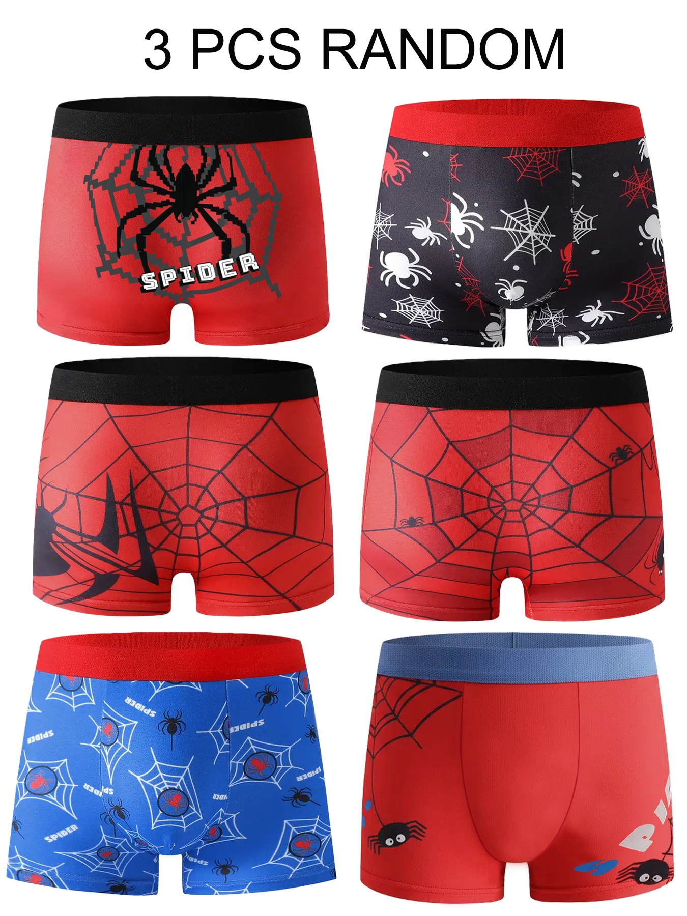 3pcs random pc of 95 spider print boys boxer briefs comfortable soft and breathable   cotton childrens boxer briefs suitable     for casual or sports wear