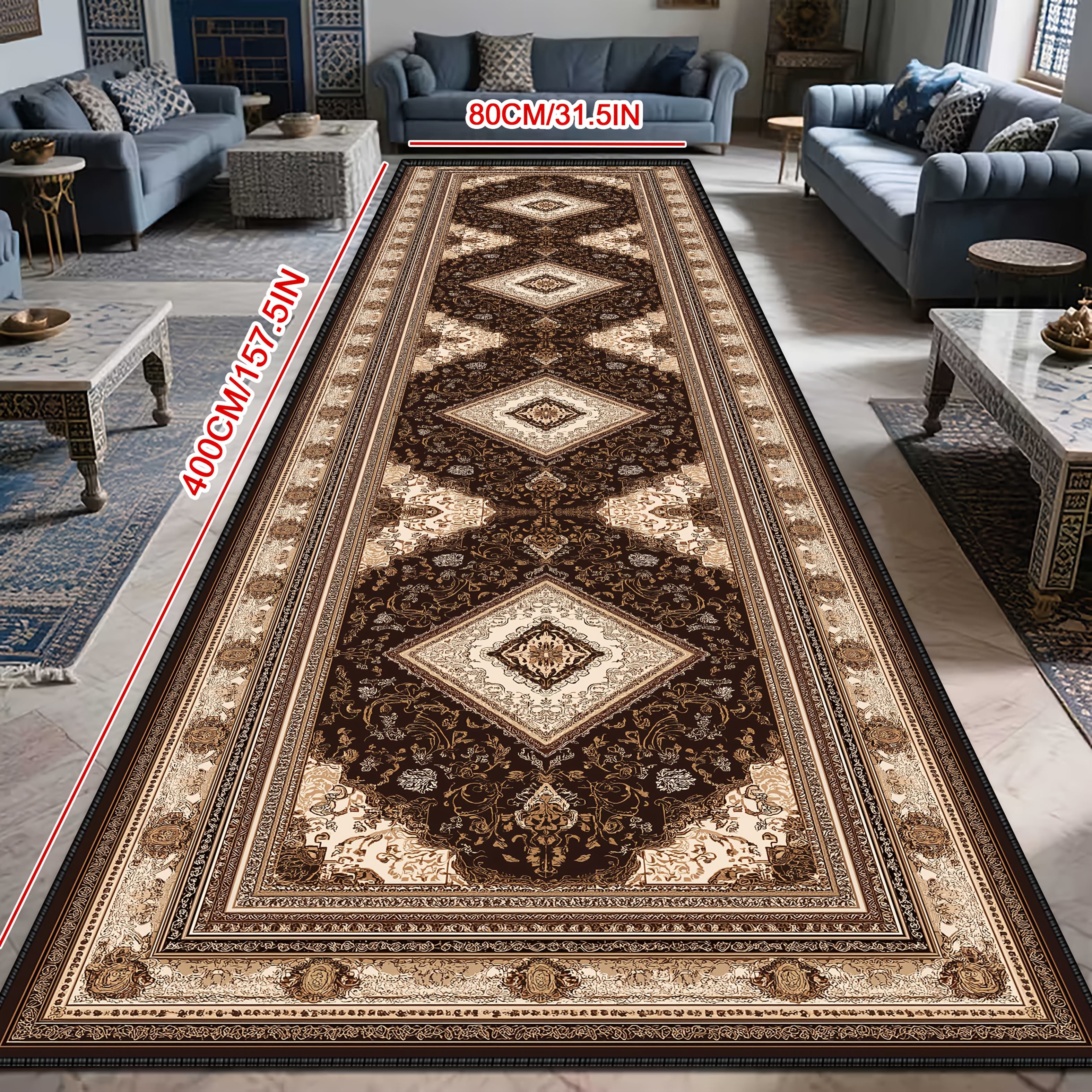 TEMU []1pc Of Luxurious Persian-style Exquisite Carpet For Spring, Summer Frame Pattern Vintage Runner In Brown, Gorgeous Living Room Rug, Stair