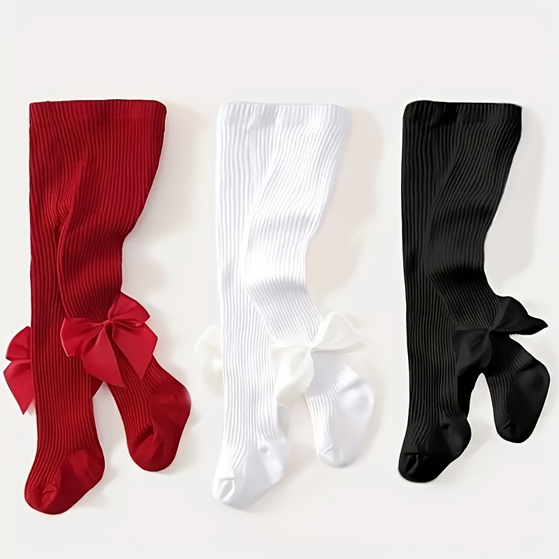 3 Pairs Of Girls' Bow Knit Leggings - Suitable For Autumn And Winter Wear, Soft, Breathable, Red Black White Children's Pantyhose
