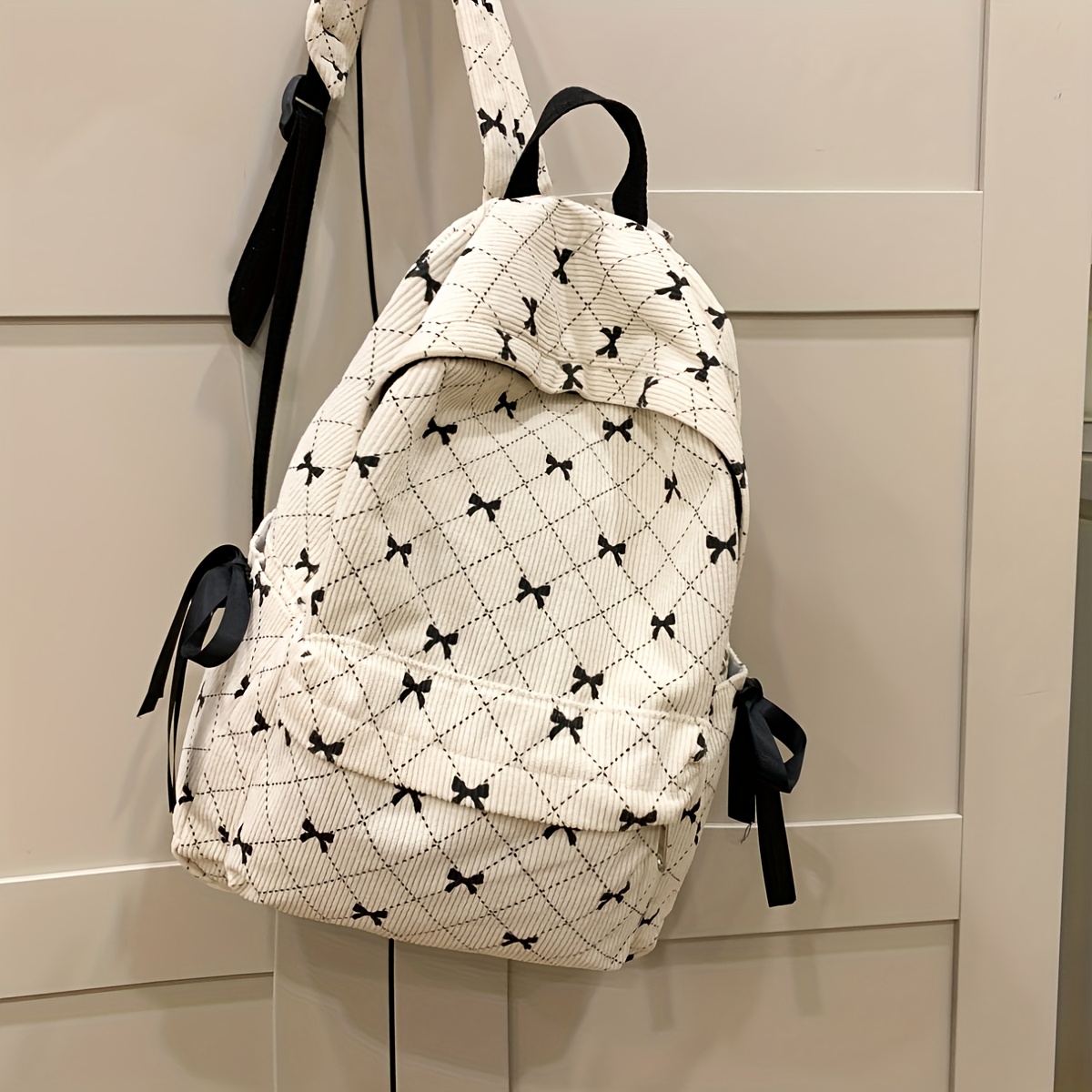 Image of College Style Cute Contrast Bow Pleated Personality Soft Backpack For Women, Suitable For , Travel, Shopping, Fits Laptop, Textbooks, Clothes, Large Capacity