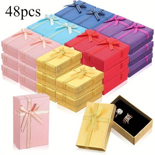 24 48pcs ring gift boxes bulk for ring earring jewelry small jewelry cardboard storage with bowknot ring box for weddings birthdays anniversaries 6 colors