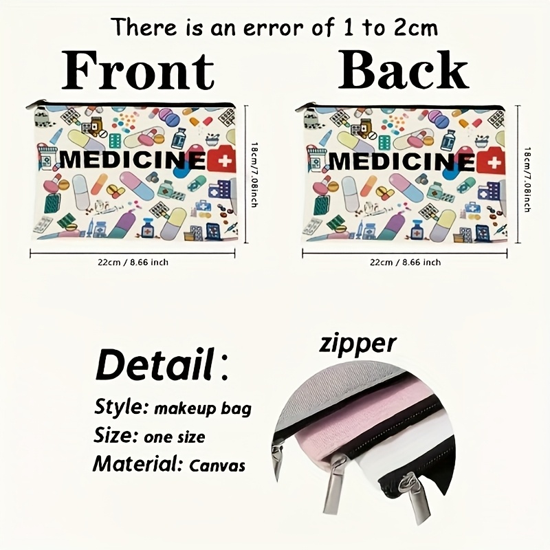 Medicine-Themed Cosmetic Travel Bag - Foldable Lightweight Zippered Makeup Organizer with Pill & Syringe Design, Durable Fabric for Women, Teachers - Beige Gift for Healthcare Professionals, Cosmetic Bag