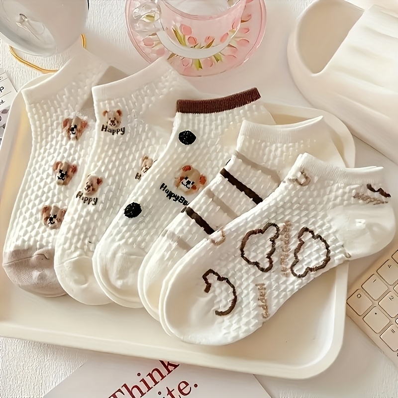 Image of 5 Pairs Of Women's Short Socks - Cute Bear And Flower , Coffee-colored Comfortable And Breathable Short Socks, For Casual Wear, Suitable For Spring And Summer, Elegant Style, Cute Short Socks