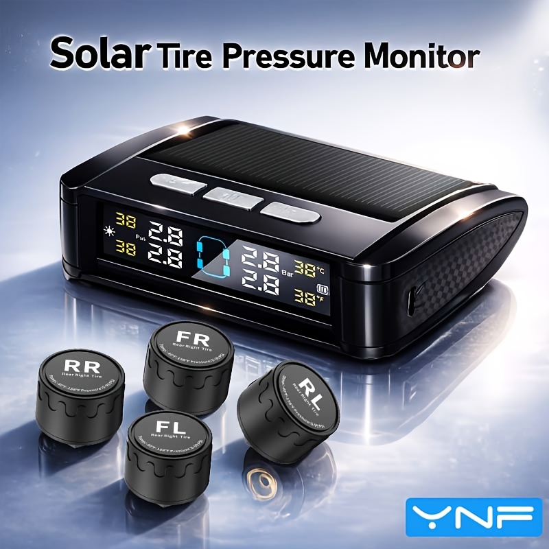 Ynf Solar Tire Pressure Monitoring, Compatible With 4 External Sensor Models, Real-time Pressure And Temperature Display, Damage-free Installation, Vibration Sensing Switch Practical