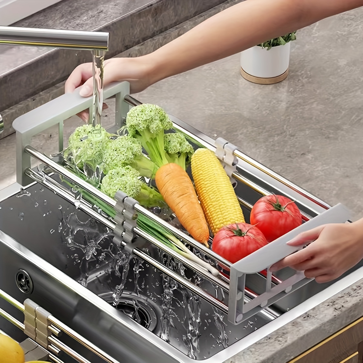 

1pc Adjustable Stainless Steel Over Sink Dish Drying Rack, Extendable Storage Drain Basket For Kitchen, Space-saving Drainer For Dishes, Vegetables, Cutlery