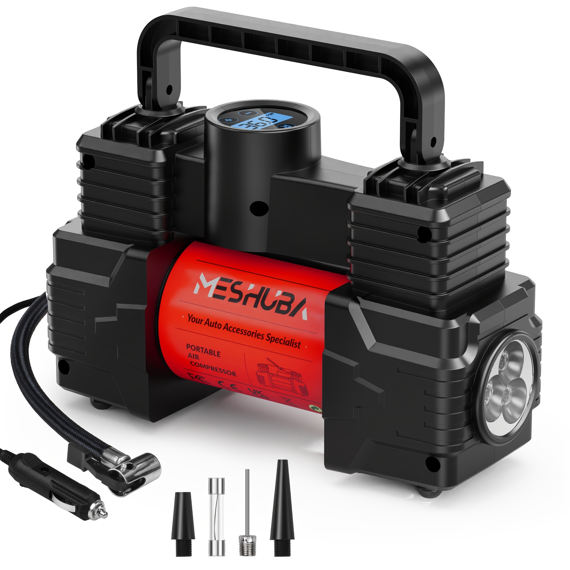 TEMU Inflador de Neumáticos Portátil Compresor de Aire para Llantas - Accesorio para Coche, Bomba Automática 12V con Manómetro Digital y Luz LED de