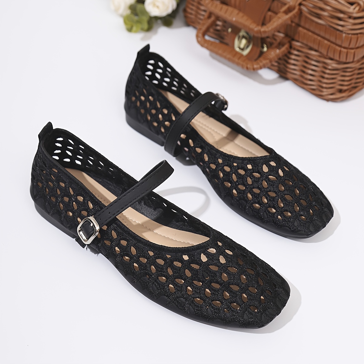 TEMU chaussures plates d'été pour femme, ajourées et respirantes, à bout carré avec boucle simple, chaussures confortables et polyvalentes pour femme