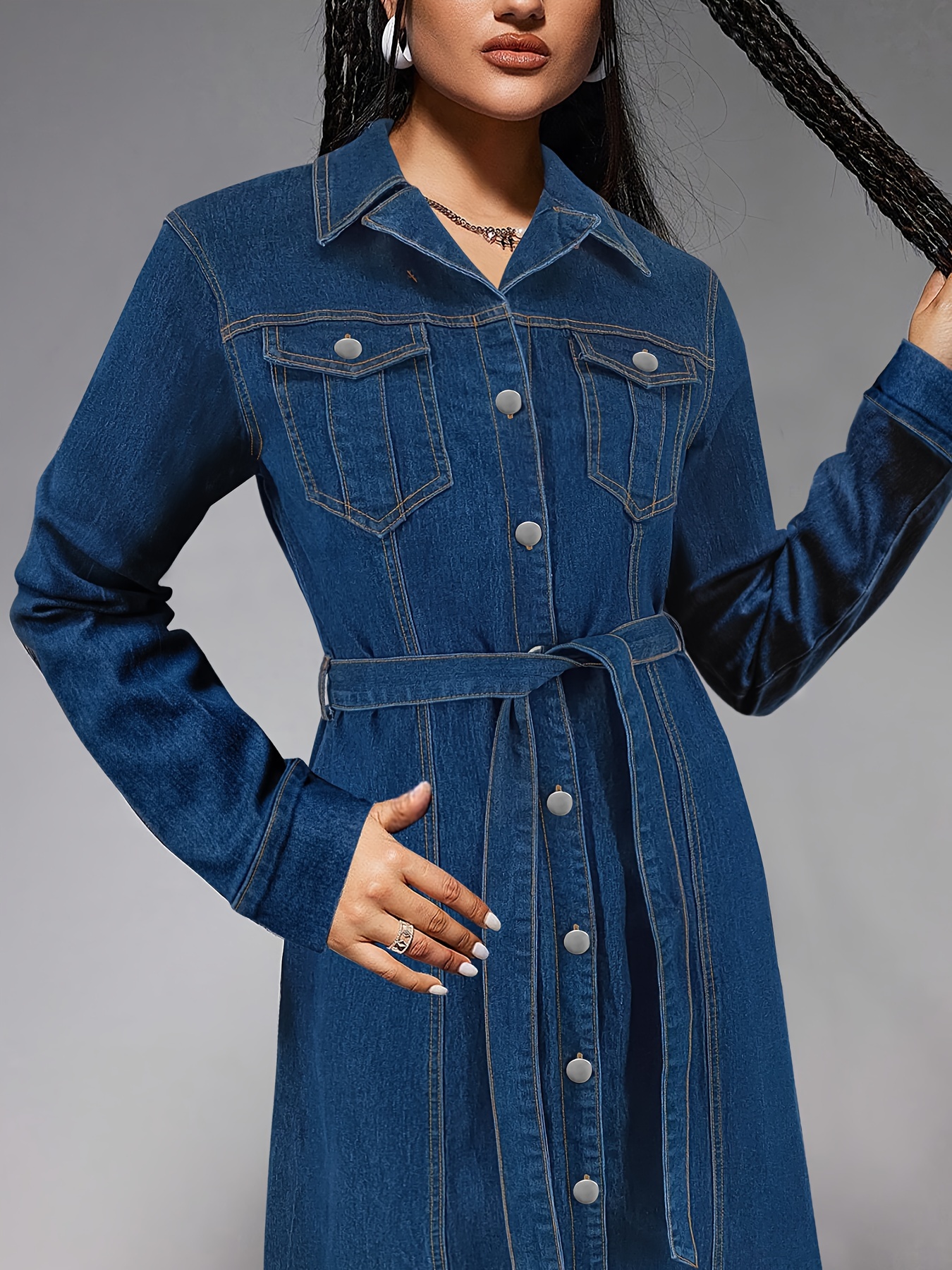 womens elegant denim jacket dress long sleeve button pockets
