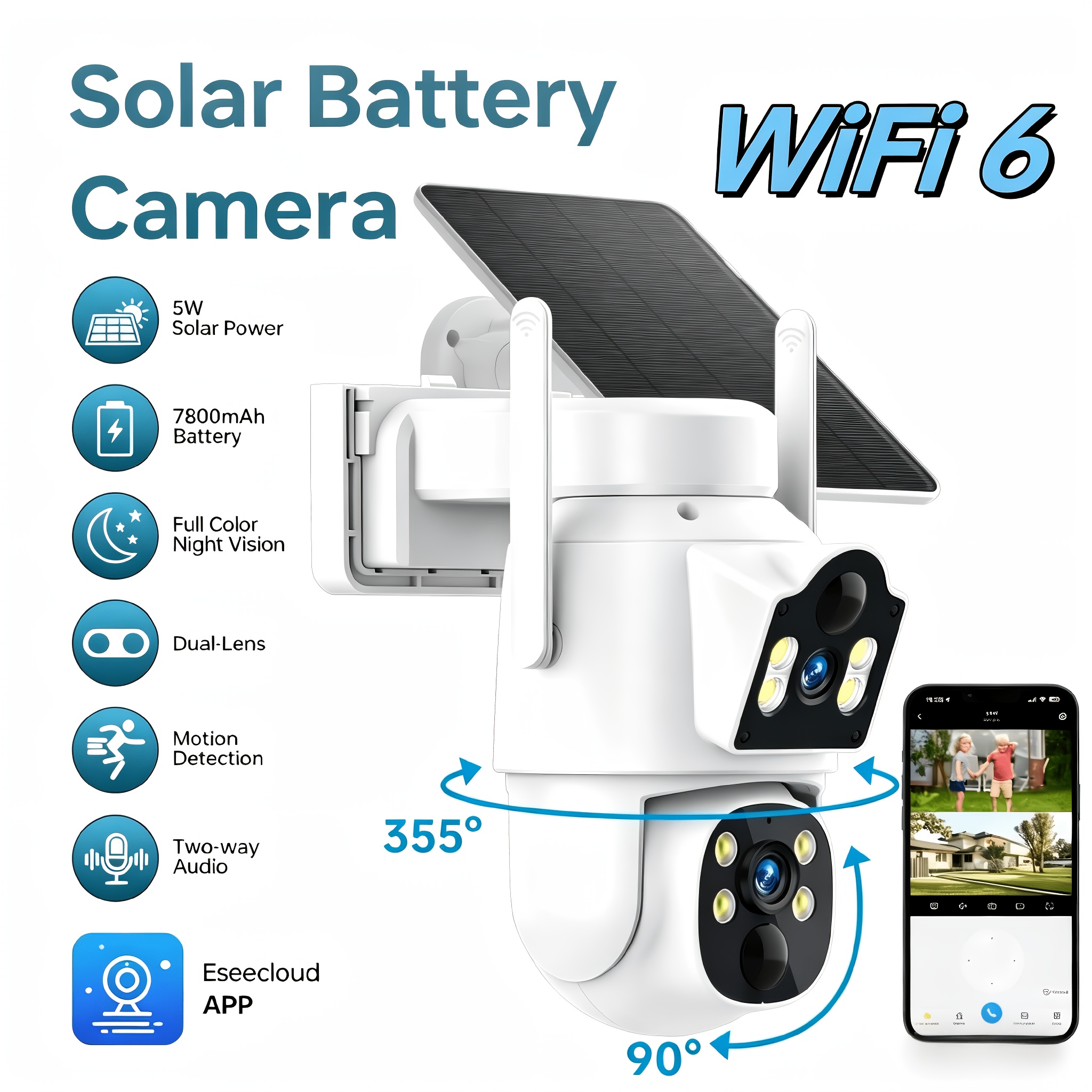 Solar Security Camera Outdoor Wireless, Dual Lens Wifi Surveillance Camera, Battery Spotlight Cctv Camera, Auto Tracking, Night Vision, And Control
