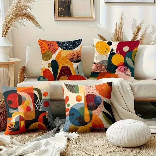 4pcs modern abstract geometric pillow covers multicolor square decorative cushion cases with zipper closure vibrant orange red black white for sofa bed car living room bedroom decor