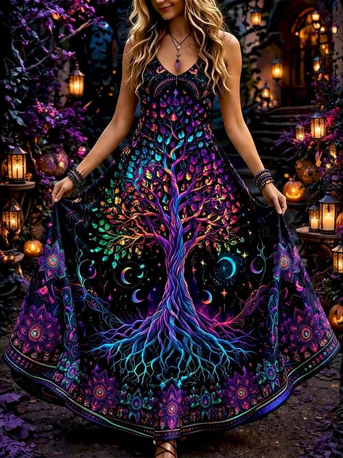 womens bohemian maxi dress with tree of line full length skirt sleeveless v neck beach dress length robe suitable for summer casual outfits