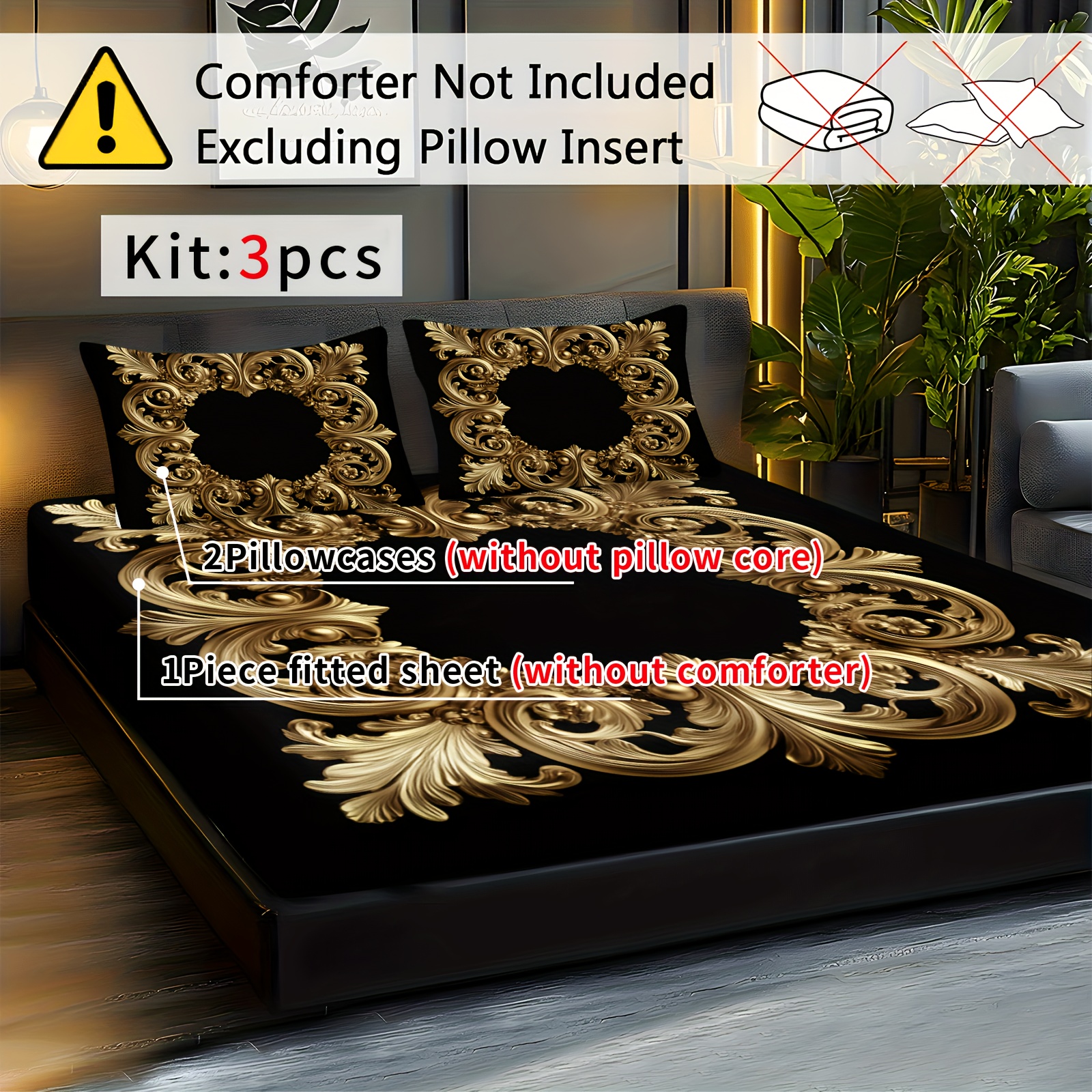 TEMU Set Of 3 Baroque Design Fitted Sheets, Featuring A Golden Baroque Pattern On A Black Background, Made From Breathable Polyester, Suitable For
