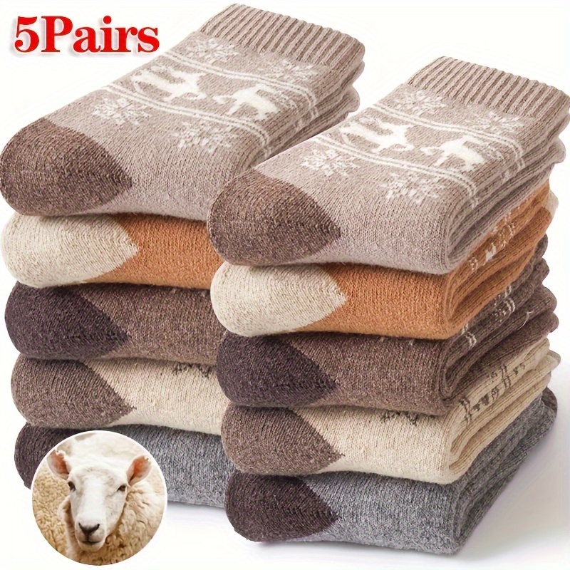 

5 paires de chaussettes élégantes en laine mélangée pour femmes - Chaussettes chaudes et épaisses en tricot avec motifs d'animaux, coupe confortable antidérapante