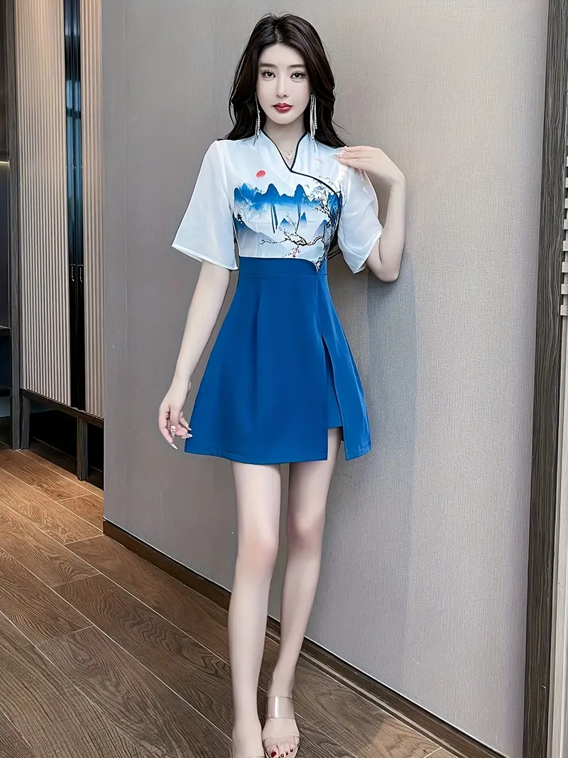 asian inspired mini dress EastFlair Women's Floral Print Elegant Waist Cinched Mini Dress, Suitable For Dates And Parties,Summer Dresses For Women Asian Style Clothes Women Chinese Style Dress Oriental Dress Cheongsam Dress Elegant Dress Woman Dress |