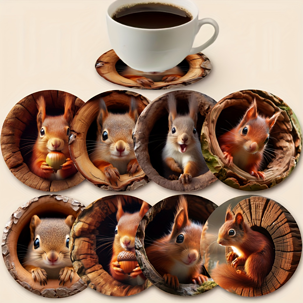 Image of Set Of 8 Hole Squirrel Wooden Coasters, Heat-resistant Drink Mats, Anti-burn Table Pads, Plate Coasters, Beverage Coasters, Non-slip Table Mats Measuring 10*10 Cm / 3.94*3.94 Inches