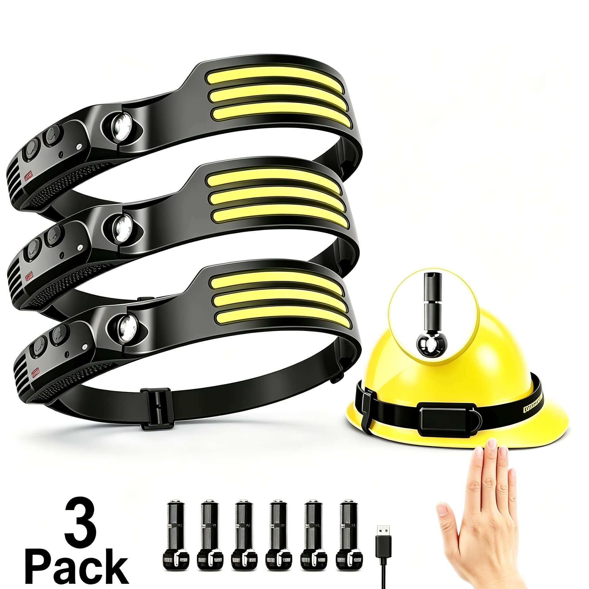 TEMU 3-pack Rechargeable Sensor Headlamps And 6 Hooks, Flashlight Headlamp With Cob Light, Strips, Rechargeable, Use, Headlamp, Suitable For Running,