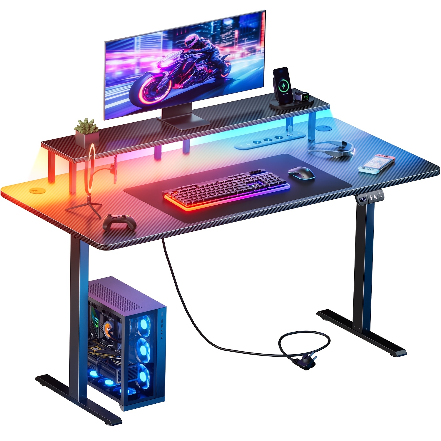Image of Smart Height Adjustable Rgb Gaming Desk With Built-in Power Outlet, Computer Table With 2 Memory Ergonomic Carbon Fiber Surface Gamer Table With Motor For Office, Bedroom, Adults