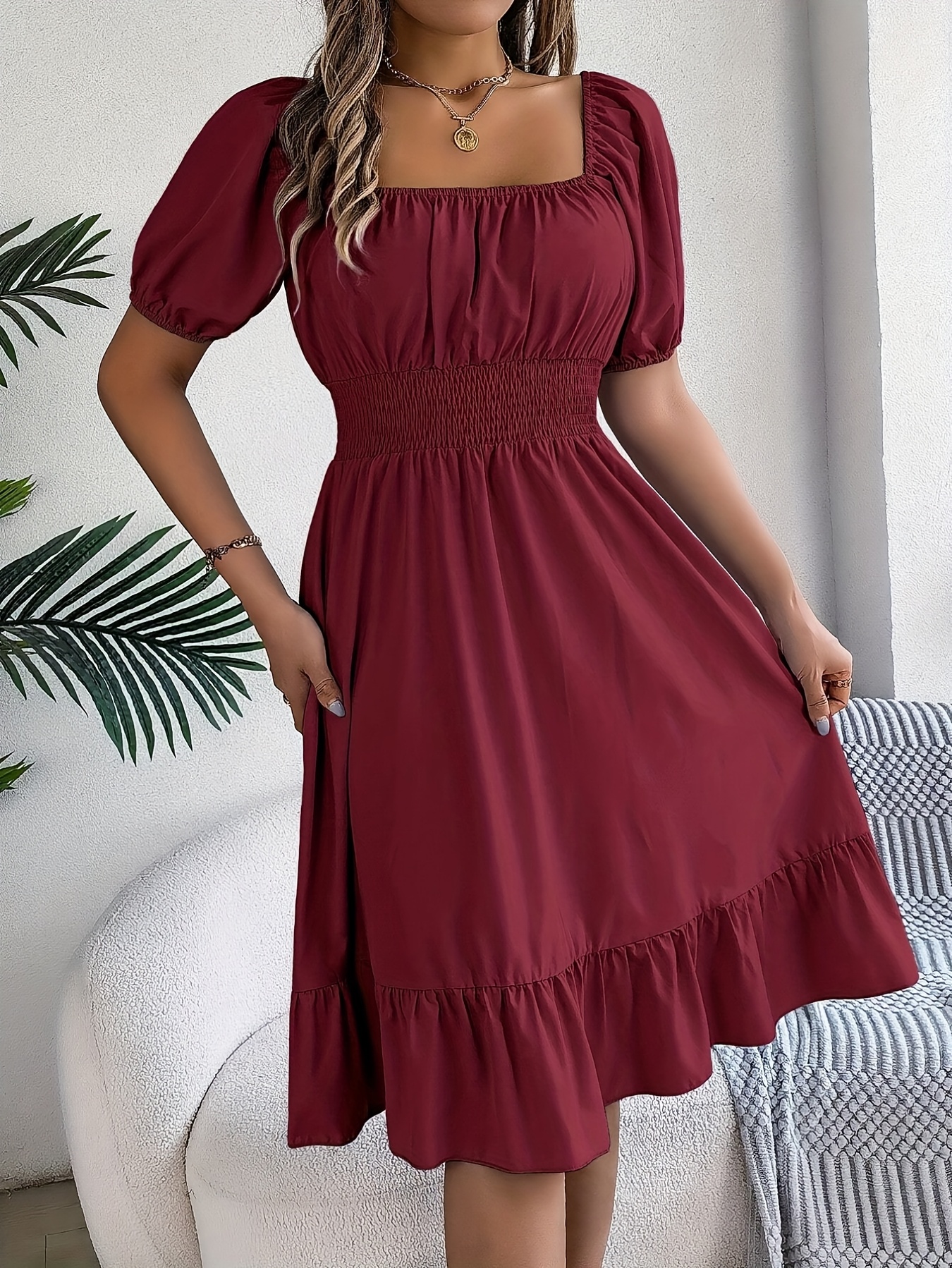 womens burgundy shoulder dress puff sleeves ruched waist Temu