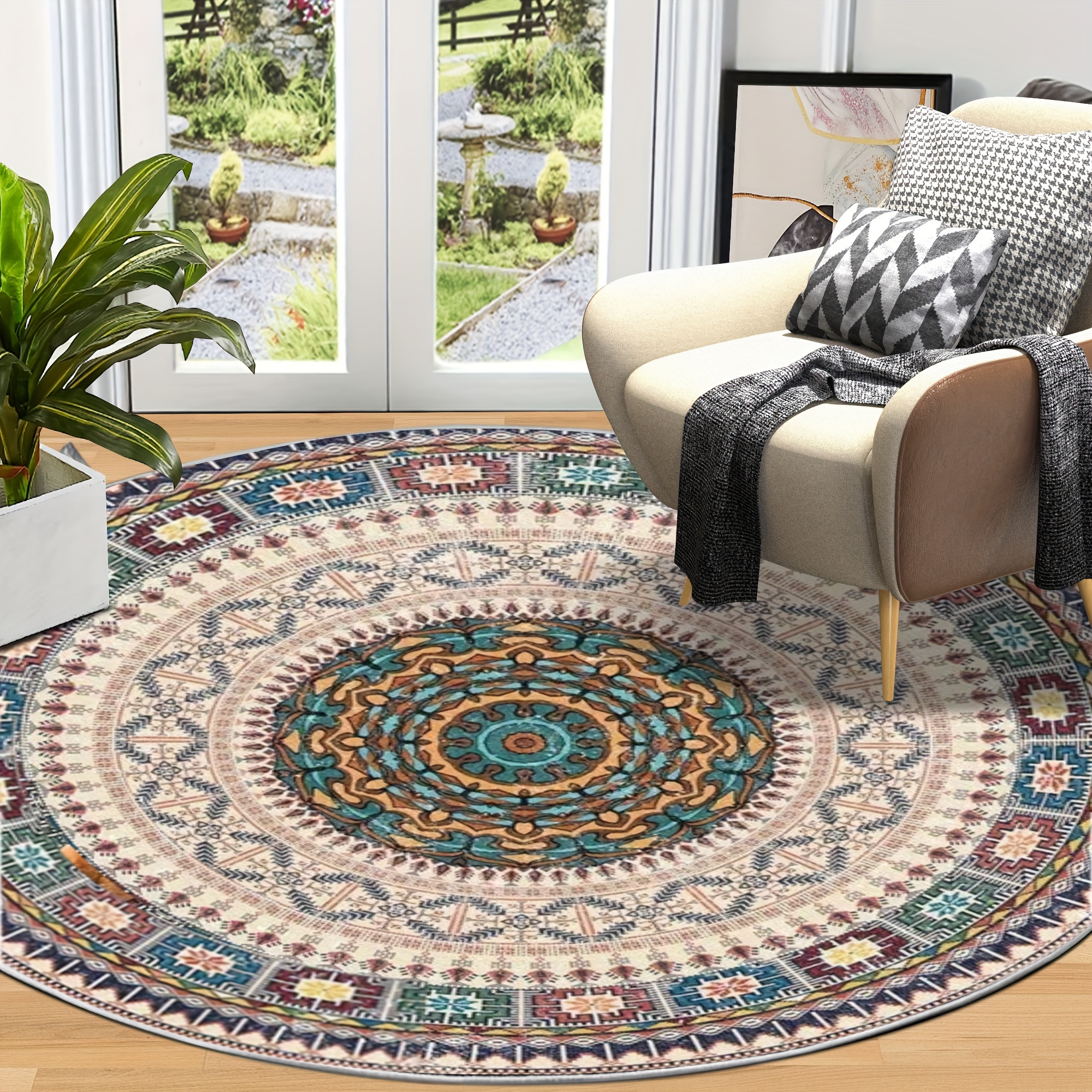 Runder Boheme-Teppich Mit Floralem Design - Maschinenwaschbar, Weich & Rutschfest Für Wohnzimmer, Schlafzimmer, Essbereich
