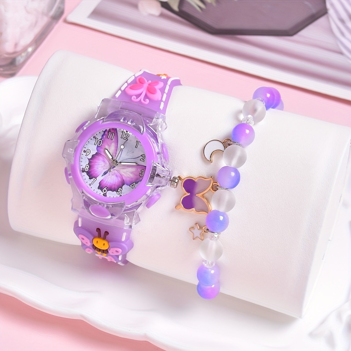 2pcs Girls' Cute 3d Watch & Bracelet - Quartz Wristwatch With Silicon, Multicolor Beads & Suitable For 3-14 Years