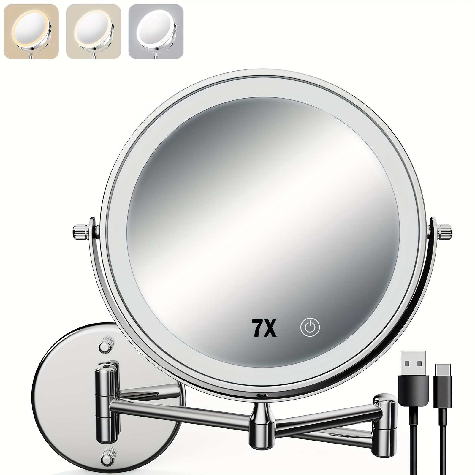 

Rechargeable Lighted Wall Mounted Makeup Mirror, Double Sided 1x/7x Magnifying Mirror, 3 Lights Option Dimmable, Extension Foldable Arm, Round Wall Mounted Mirror For Bathroom