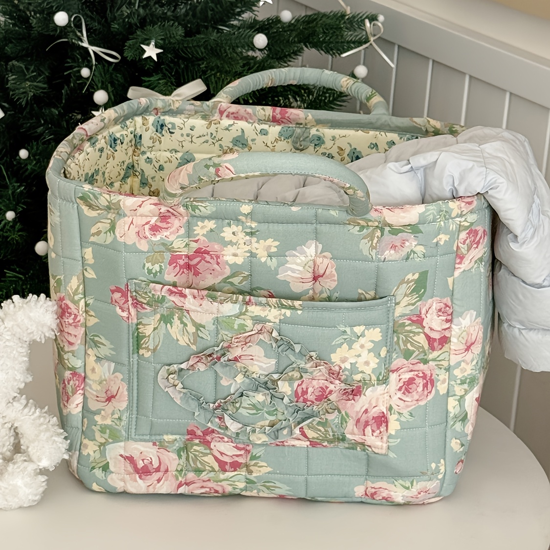 Image of Large Flower Series Storage Basket, Pastoral Style High-value Lightweight Foldable Organizer With Handle, Living Room Bedroom Sundries Storage Bin, Shelf Baskets