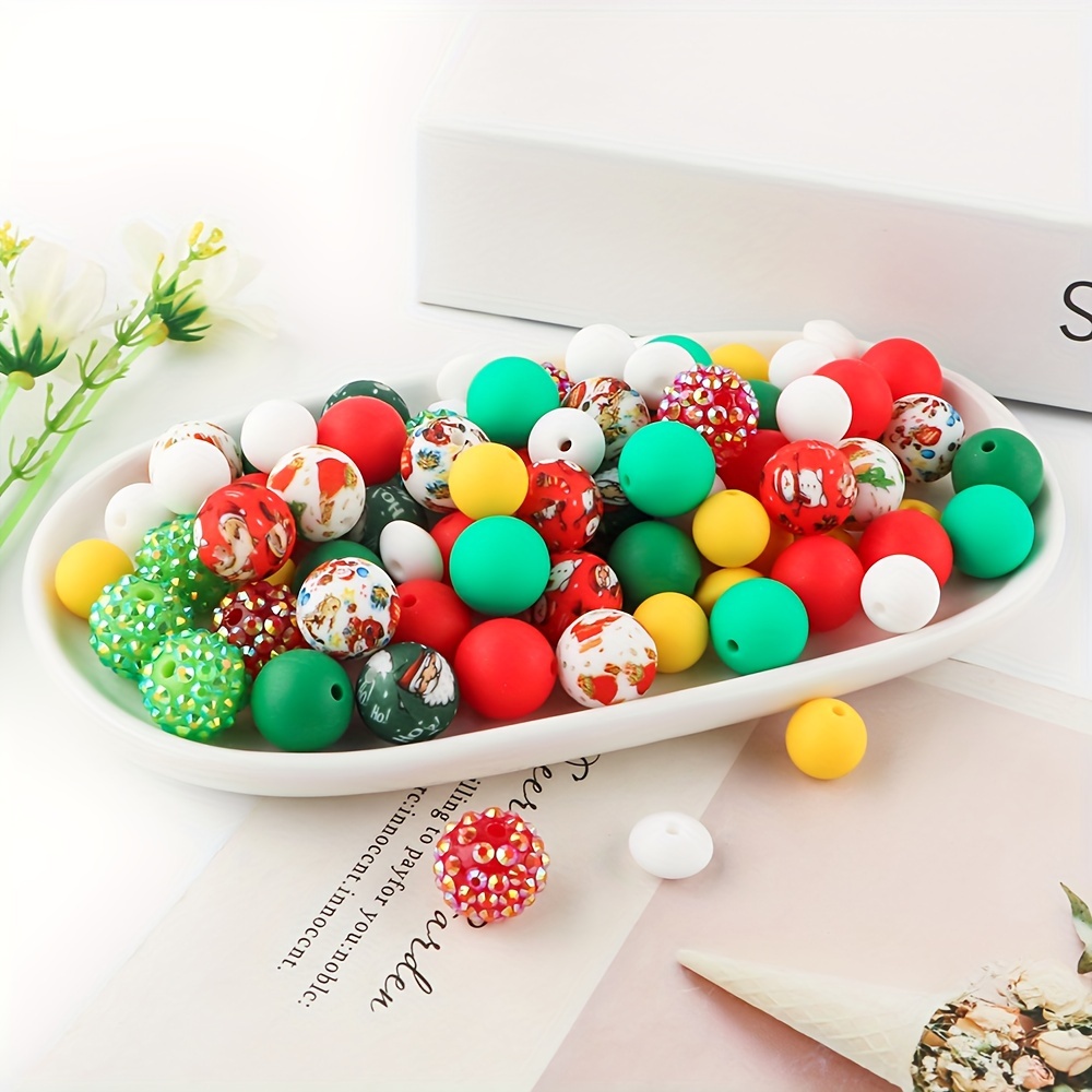 

40pcs Christmas Silicone Beads Set - Assorted Red & Green Diy Jewelry Making Kit With Rhinestone, Printed, Solid & Lentil Beads For Bracelets, Necklaces, Keychain Pendants