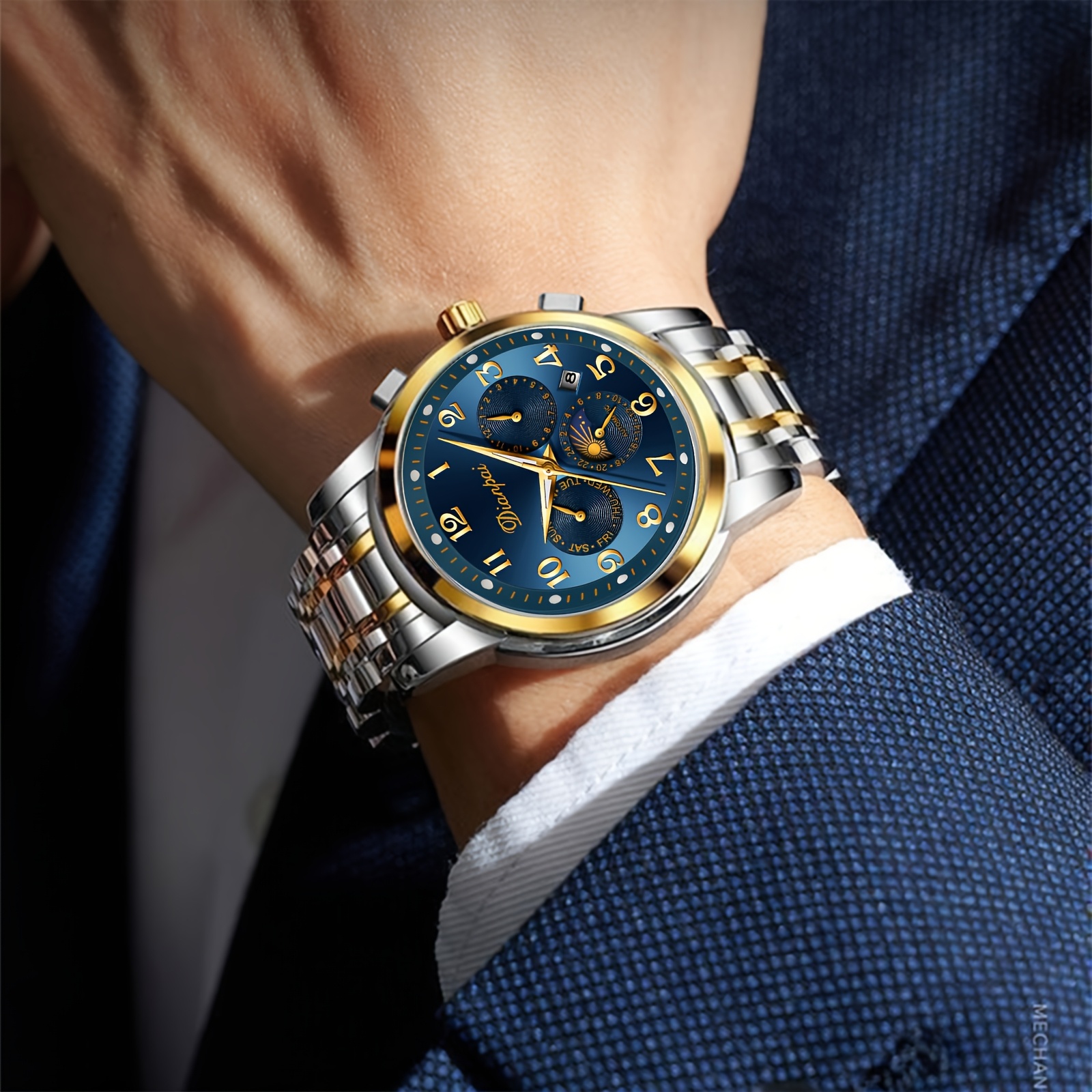 Dianpai Men's Business Automatic Mechanical Watch Multifunction Moon Phase Display Round Large Dial Stainless Men's Gift Wristwatch