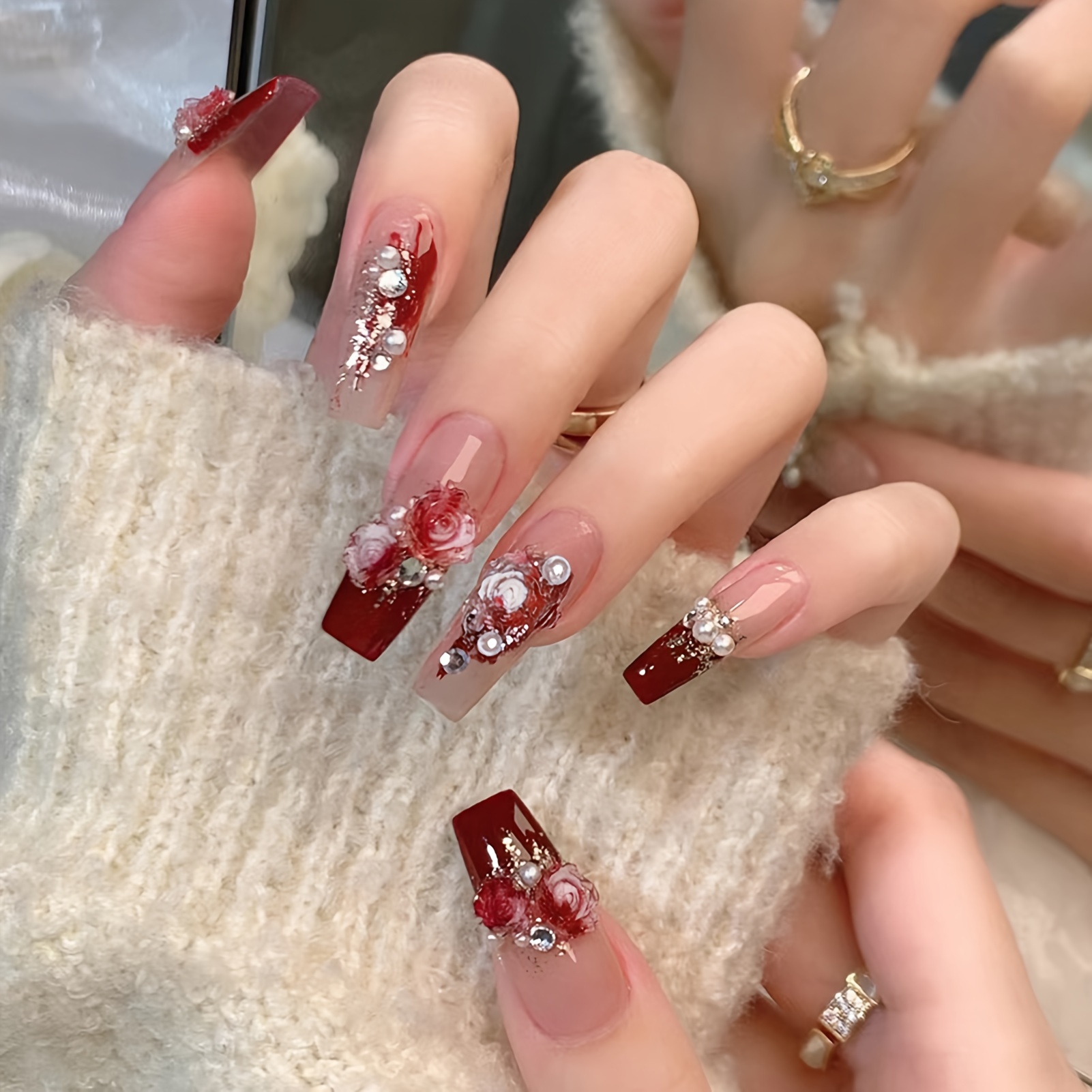 

24pcs Ballerina Press On Nails Medium Long Red French Tip Fake Nails With 3d Design 3d Flowers Acrylic Nails Nude Pink Full Cover Glue On Nails For Women Girls Manicure Decorations