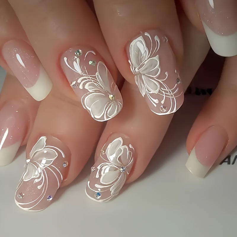 Upgrade Your Style With 24pcs Nail Set Featuring A Easy And With Rhinestones, Perfect For A Chic Look. The False Nails Are Extendable And Removable, And Come With Jelly Glue And A Nail File