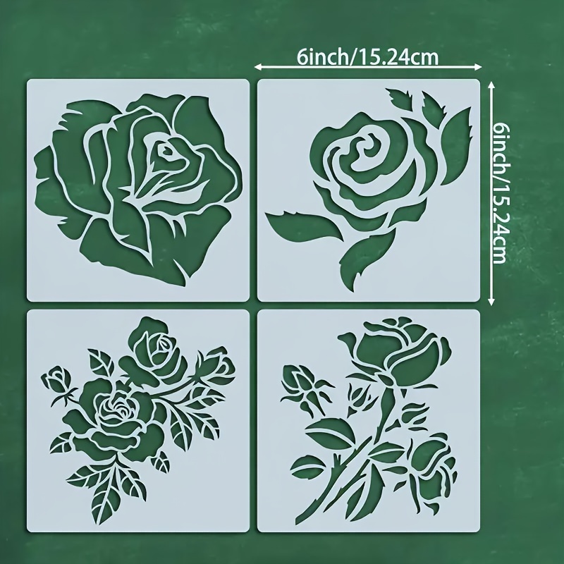 

4-piece Rose Stencil Set For Diy Crafts, 6\"x6\" Reusable Painting Templates - White Durable Pet Material