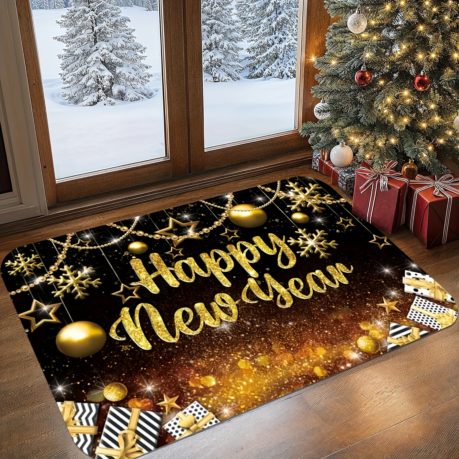 

Happy New Year Celebration Doormat - Polyester, Stain Resistant, Washable, Non-slip Backing - For Christmas Home Decor, Bathroom, Living Room, Office - Square, Lightweight Machine-made Mat