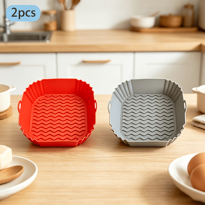 TEMU 2-pack Square Silicone Air Fryer Liners, Reusable Nonstick Basket Inserts With Side Handles, Easy-clean Air Fryer Baking Pans For Cooking,
