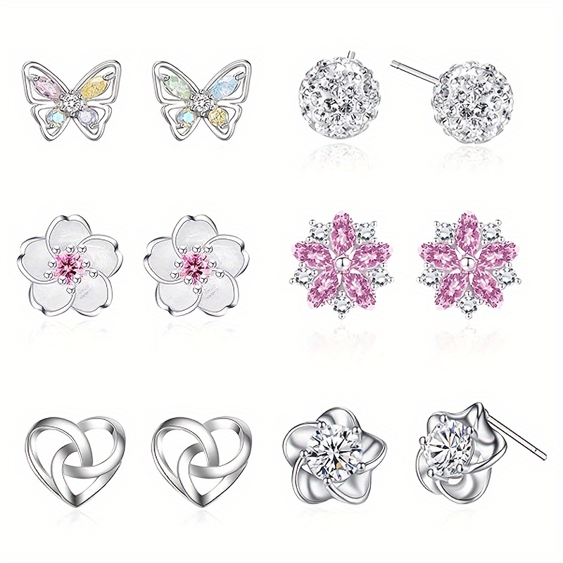 

6 Pairs Of S925 Cute Deer Butterfly Heart Silver Earrings Cubic Zirconia Hypoallergenic Silver Earrings For Girls, Set