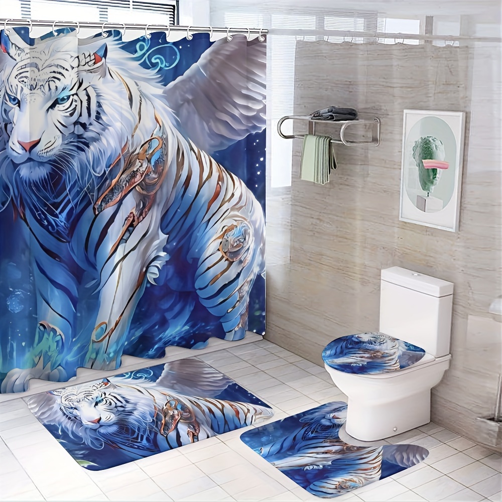 

1/3/4pcs White Tiger With Wings Pattern Bathroom Set, Machine Washable, Shower Curtain, Non-slip Bath Mat, U-shape Mat, Toilet Lid Cover, Bathroom Decor, Hooks Included