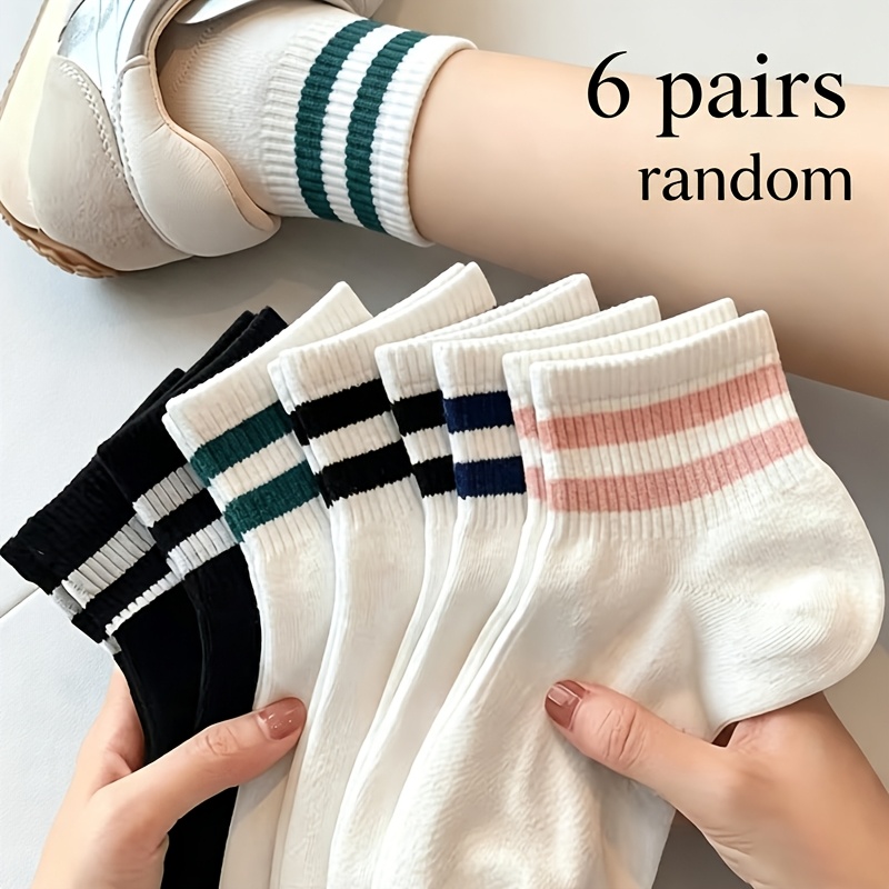TEMU Lot de 6 paires aléatoires de chaussettes à rayures simples pour femme, chaussettes tendance universelles polyvalentes décontractées pour tous ,