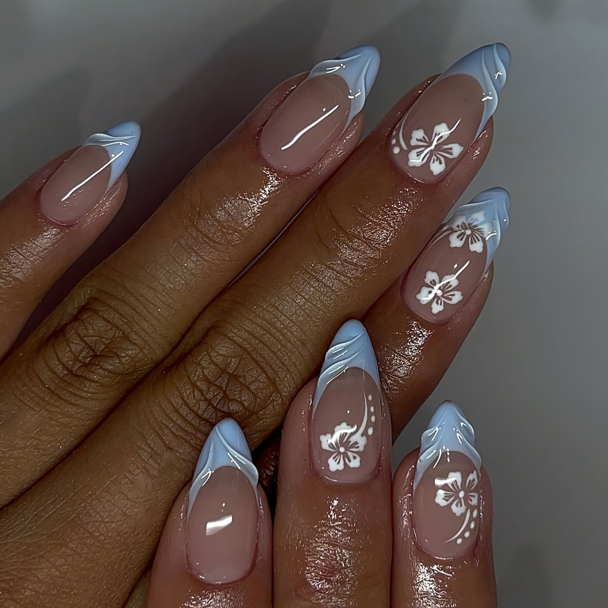 TEMU 48pcs Handmade Wearable Women's Fully Covered Nail Stickers, Reusable Almond Shaped Blue French Hand-, And Hand , Including Jelly Glue And Nail Files.