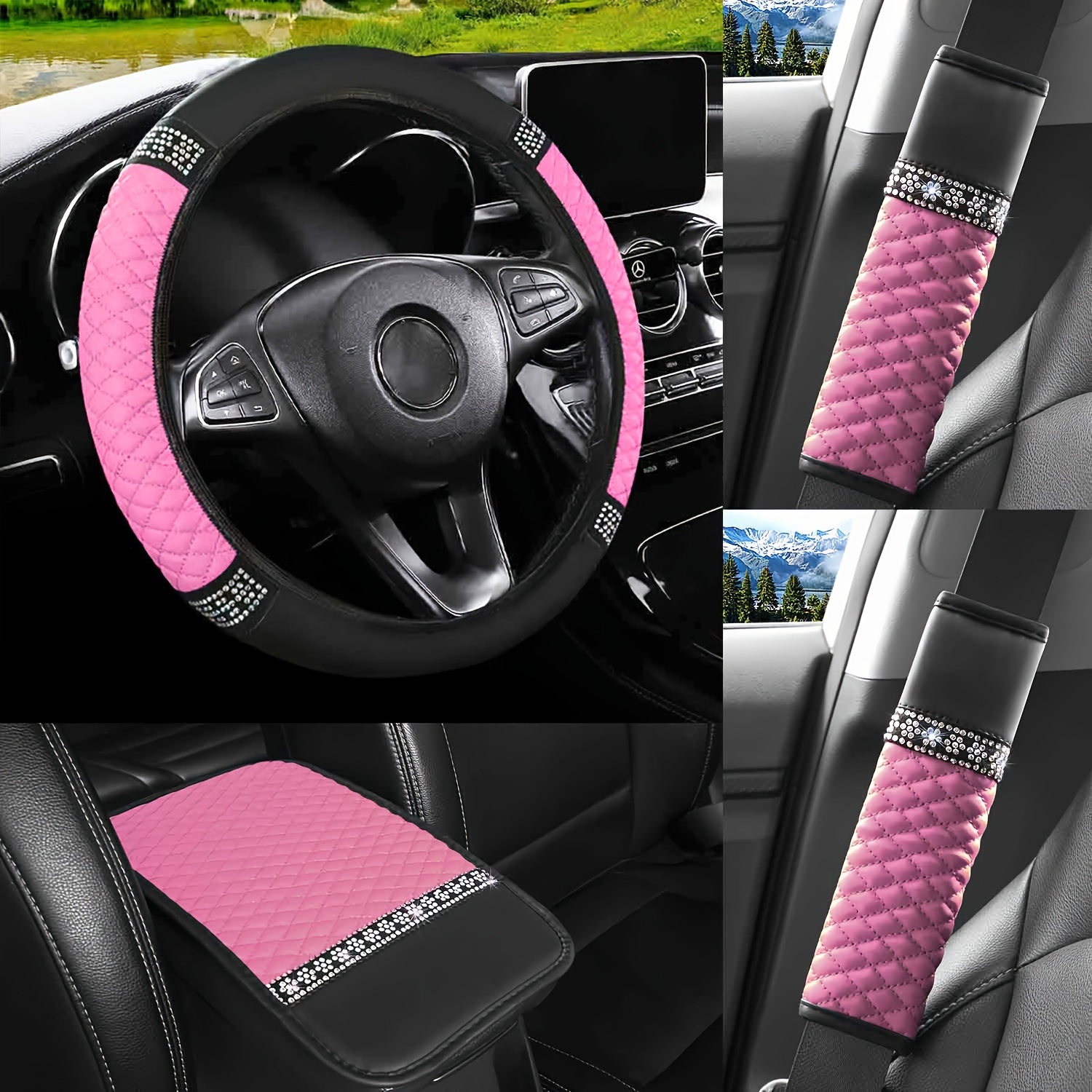 

4-piece Glittering Pu Leather Car Interior Set - Steering Wheel Cover, Center Console Pad, Seatbelt Covers - Durable, Comfortable, Universal Fit - Adds Colorful Style To Your Vehicle!