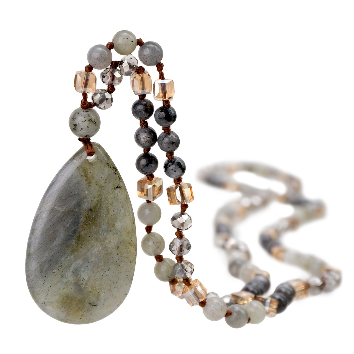 TEMU Collier avec pendentif en labradorite naturelle, style unisexe. Associé à une chaîne de pull tricotée à . Style bohème de plage, idéal pour et