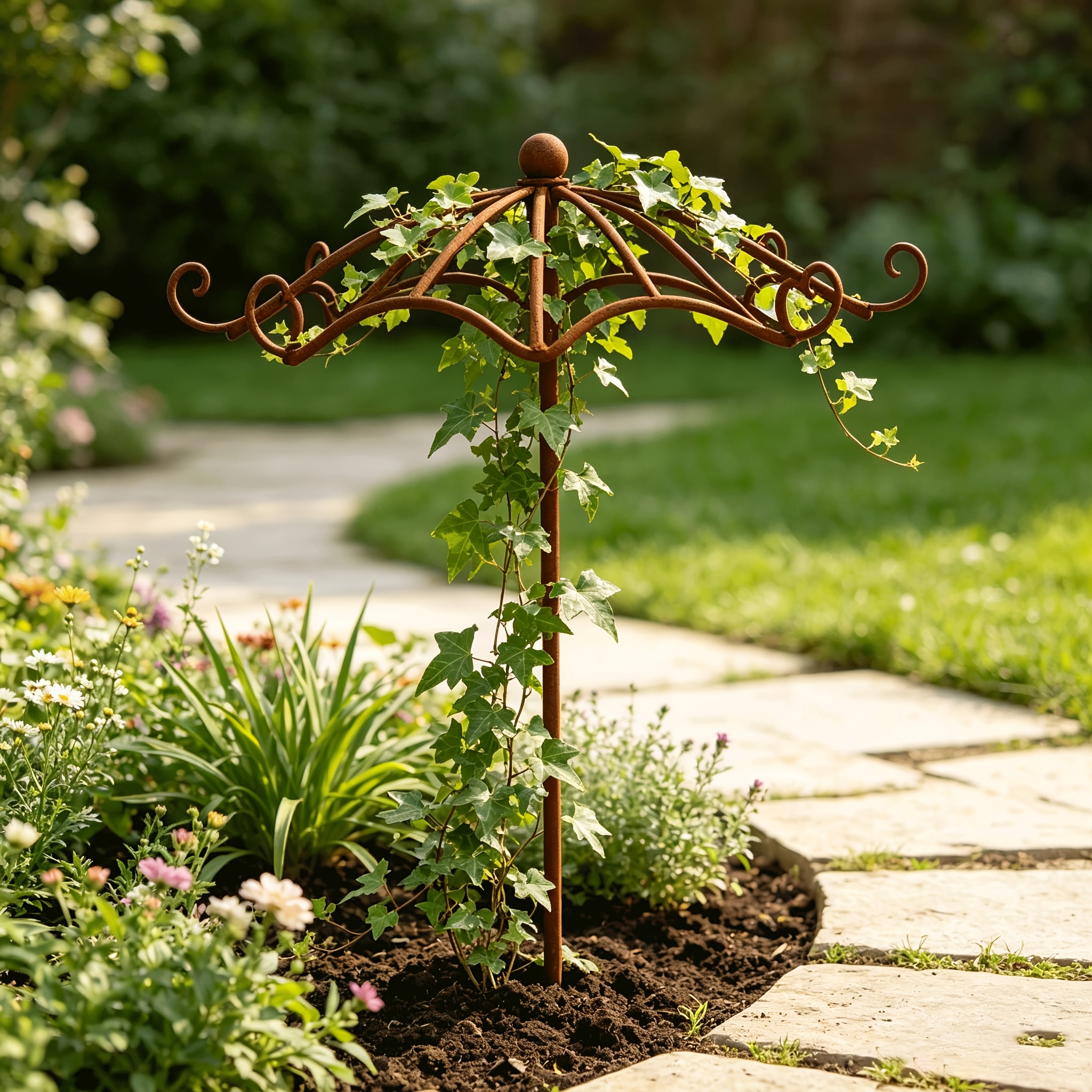 TEMU [3d] Vintage Wrought Iron Umbrella-shaped Garden Stake, Weatherproof Outdoor Decorative Three-dimensional Hollow-out Umbrella-shaped Sculpture,