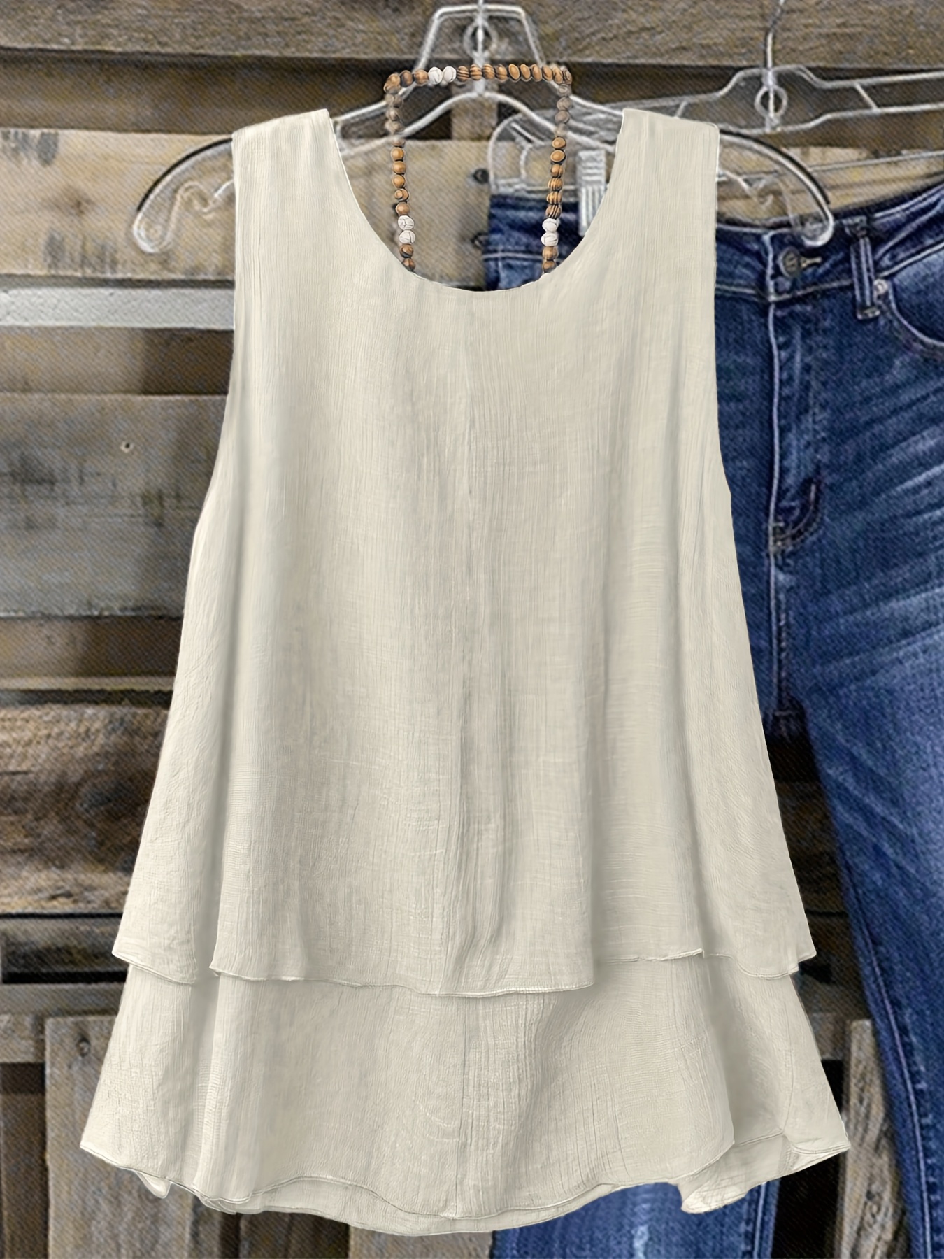 Women's Plus Size Sleeveless Elegant Top - Lightweight Breathable Blue Round Neck Vest, Machine Washable Spring Summer Casual Wear, Elegant Special Line Collection, Sophisticated Design, Textured Fabric