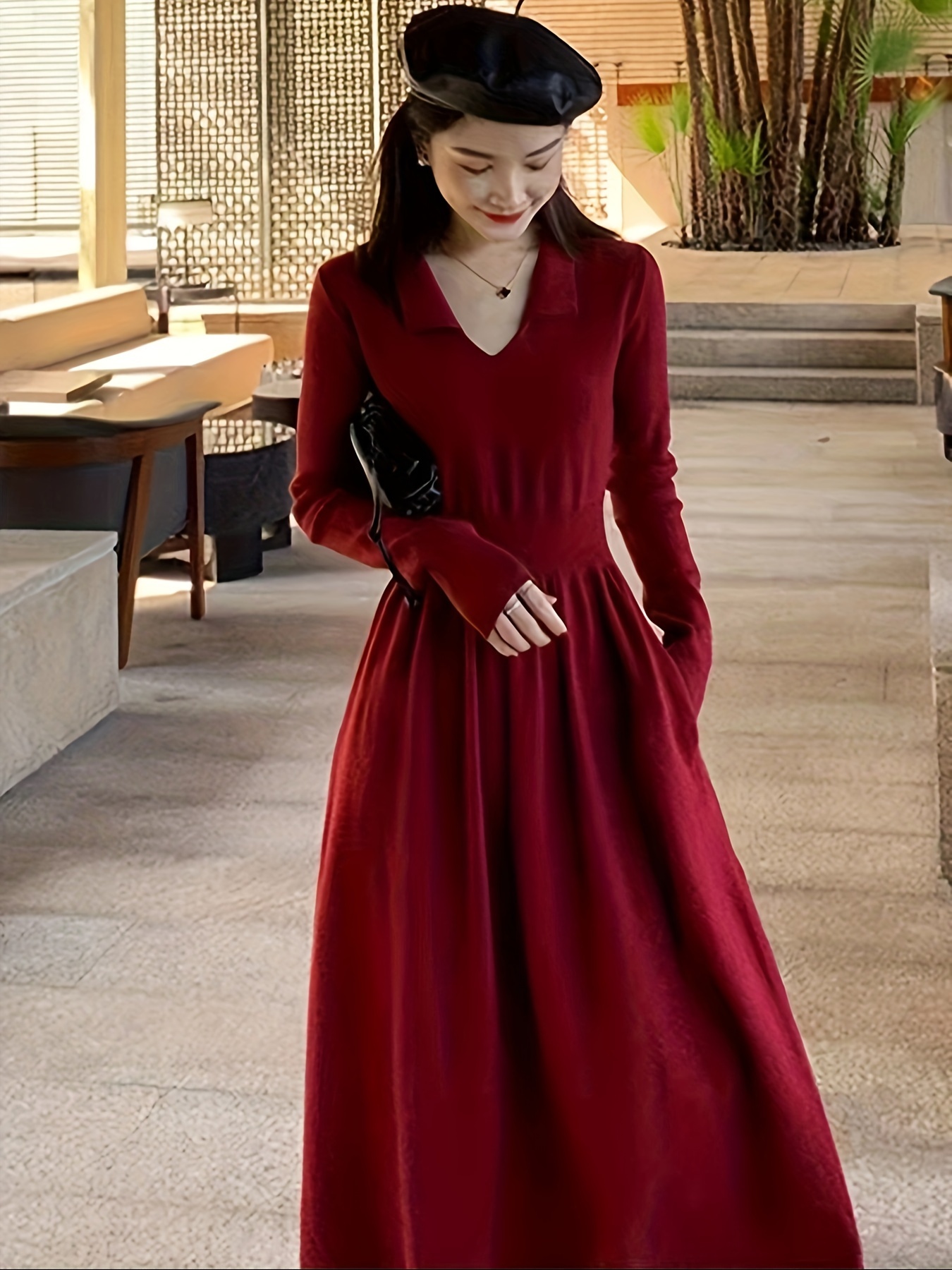 Elegant Red Knit Sweater Dress with Coat Chic Long Skirt for Women Fall Winter