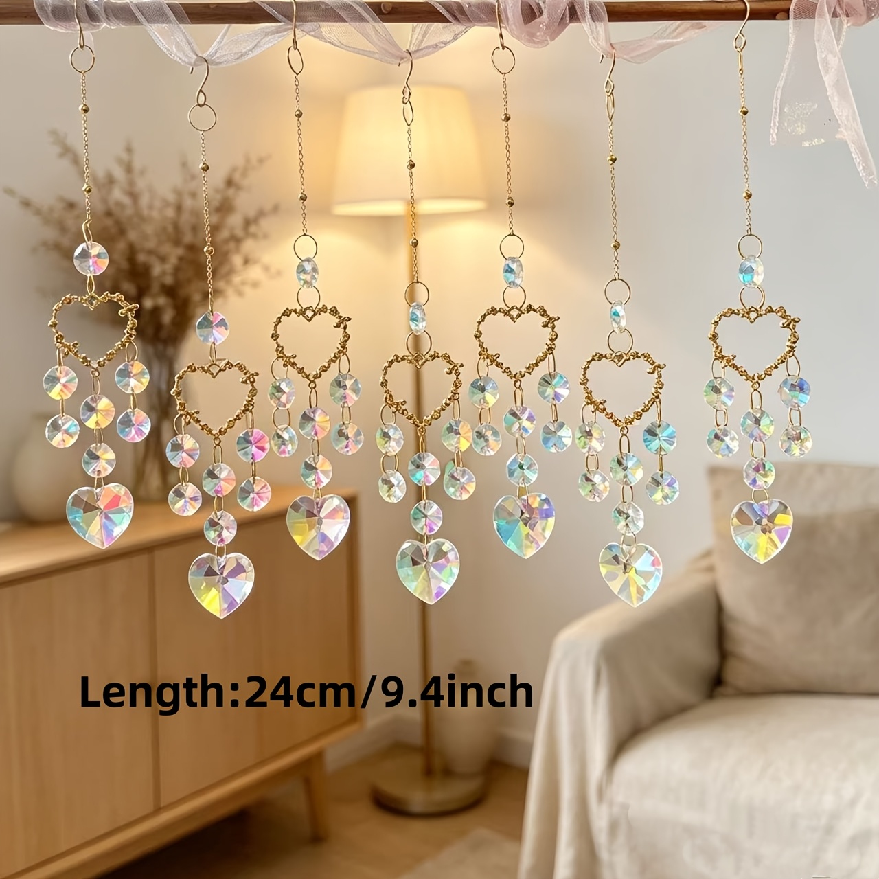 TEMU 7pcs/set Ab Colorful Heart Crystal Glass Decorative Pendants, With Metal Heart Charms, Sun Catcher Hanging Beads, Suitable For Home, Holiday