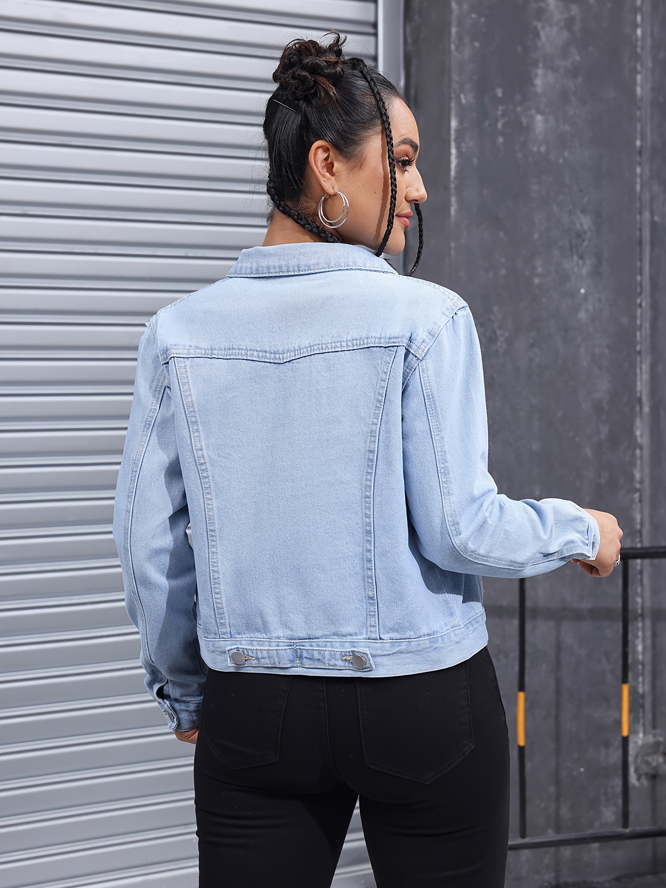 plain light washed blue long sleeve denim Temu Canada