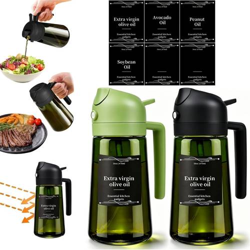 2pcs kitchen glass olive oil dispenser bottle 2 in 1 oil bottle and cooking sprayer 16oz premium dark green glass oil bottle oil sprayer for cooking oil dispenser for kitchen with 6pcs stickers the perfect cooking gadget for bbq rvs and salad