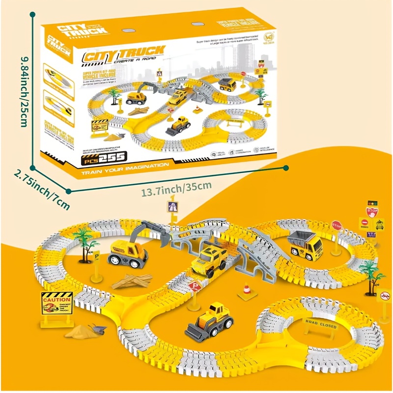 Toy Construction Track SetIncludes 2 Electric Vehicles And 4 Construction VehiclesBattery-powered (non-rechargeable)Orange Plastic Tracks Suitable for Kids Aged 3-6Perfect Christmas Gift
