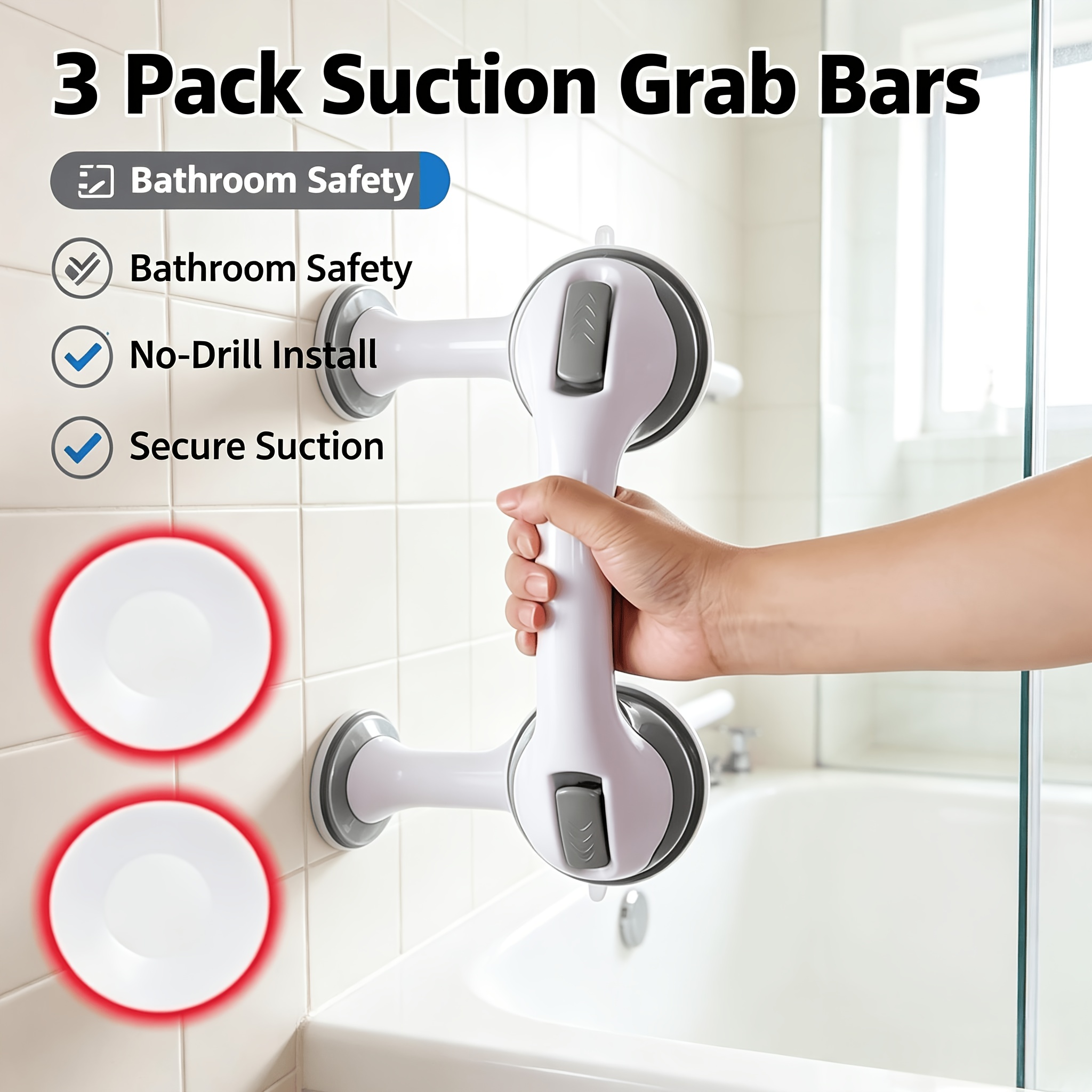 TEMU 3pcs Set (1 Handle And 2 Suction Cups) Comes With A Suction Cup Shower Handrail. Accompanied By A Cleaning Cloth. A Durable Plastic Bathroom