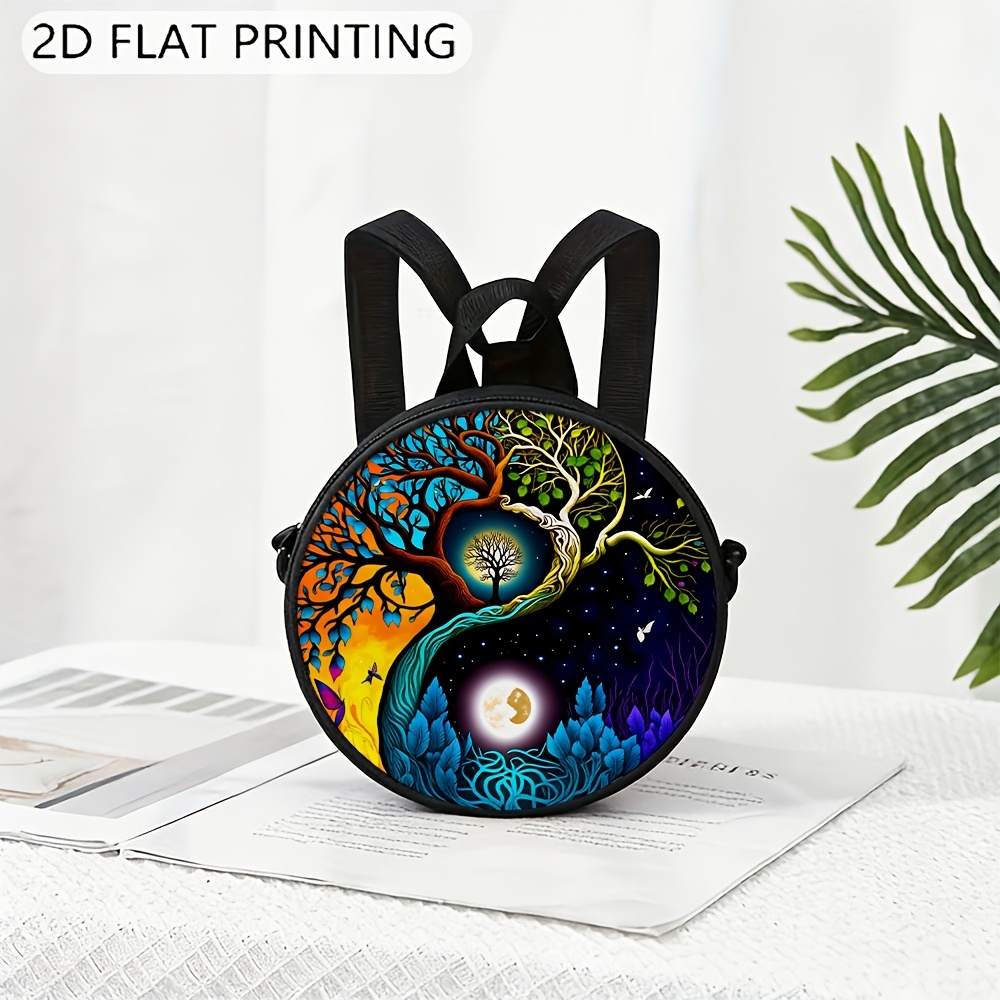 TEMU 1pc 2d Print Round Crossbody Bag,yin Yang Tree Of ,women Adjustable Shoudler Strap With Zipper & Top Handle,women's Casual Purse,fashion Round